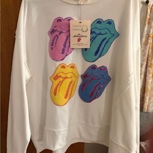 Fantastic Fawn White Sweatshirt with Colorful Tongue Graphics